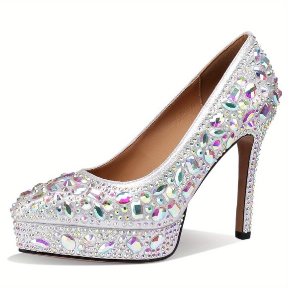 Women's Rhinestone Crystal Stiletto Platform Heels - Picture 3 of 7